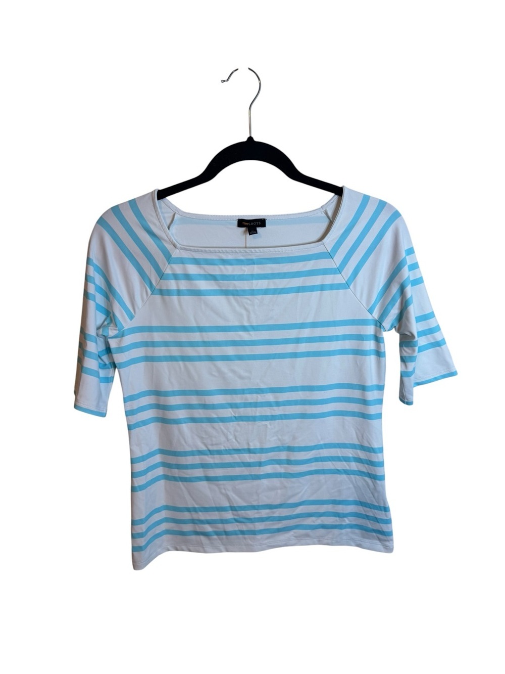 Talbots Aqua and White Striped Square Neck Preppy Stretch Top